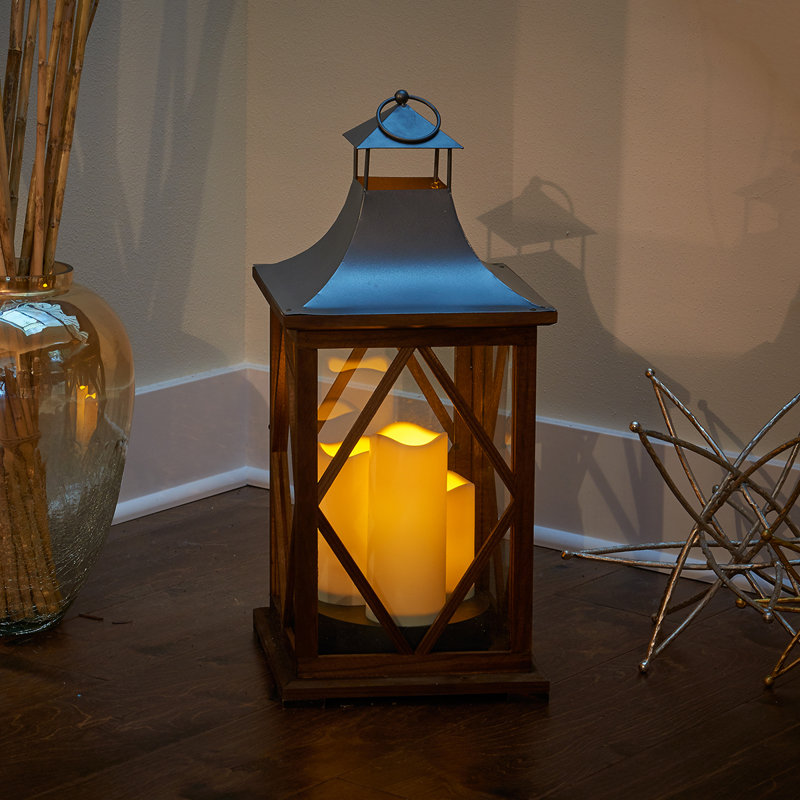 Smart Living 9.84" Wood Floor Lantern with Candle Included & Reviews